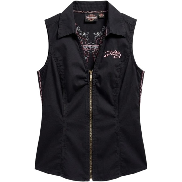 Harley-Davidson Jackets & Blazers - Harley-Davidson Womens Small Black Embroidered Wing Logo Zip Sleeveless Top